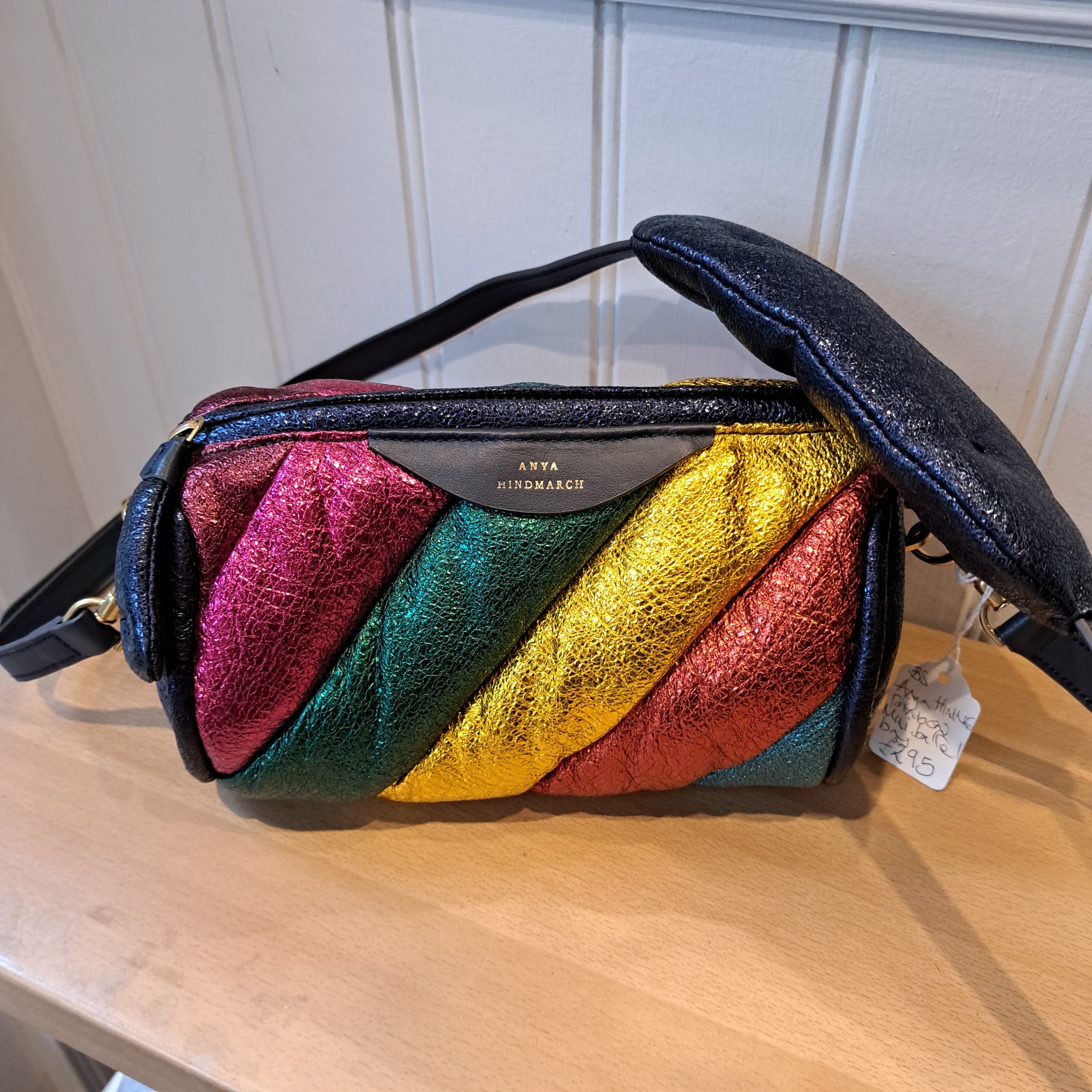 Anya Hindmarch patent black bag with top handles and long strap re dress winchester